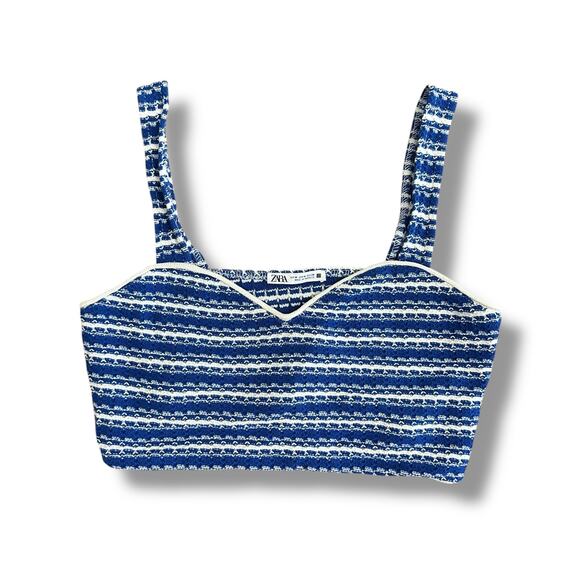 ZARA Knit Crop Top Medium Blue White Striped Sleeveless Tank Cami Festival Retro - Picture 1 of 11